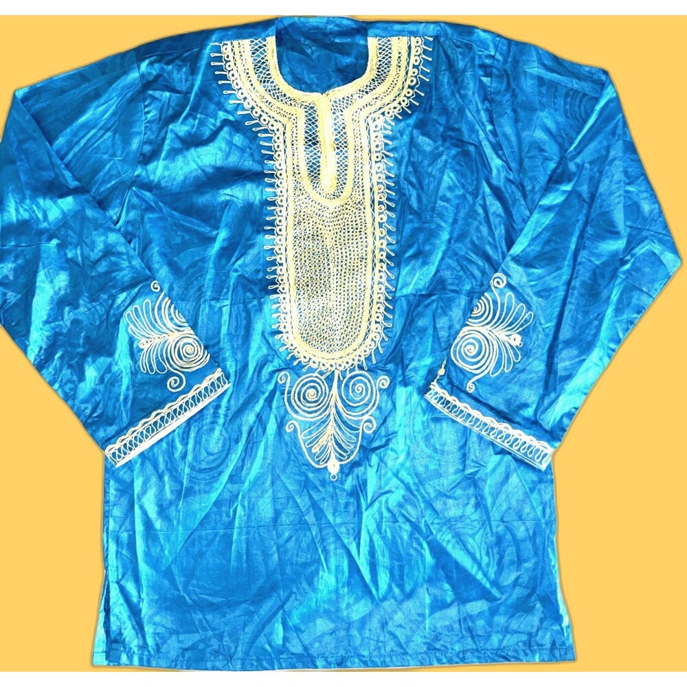 African Dashiki Outfit Royal Blue/Gold Embroidered Long Shirt
